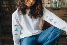 Load image into Gallery viewer, embroidered trio of moths embroidered sleeve sweater