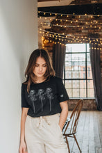 Load image into Gallery viewer, Trio of big roses with doodle bee sleeve embroidered organic t-shirt.
