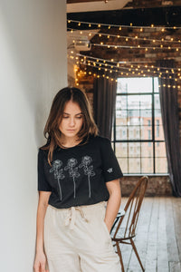 Trio of big roses with doodle bee sleeve embroidered organic t-shirt.
