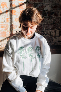 Embroidered trio of big roses with embroidered sleeve and back sweater