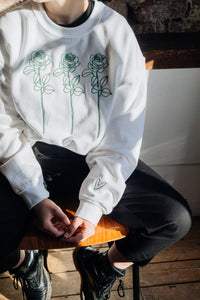 Embroidered trio of big roses with embroidered sleeve and back sweater