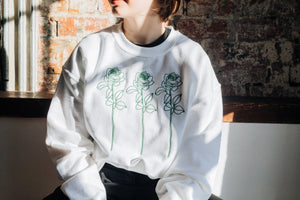 Embroidered trio of big roses with embroidered sleeve and back sweater