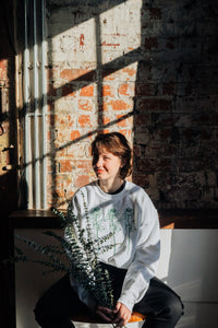 Embroidered trio of big roses with embroidered sleeve and back sweater