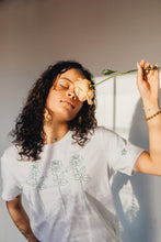 Load image into Gallery viewer, Trio of big roses with doodle bee sleeve embroidered organic t-shirt.
