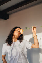 Load image into Gallery viewer, Trio of big roses with doodle bee sleeve embroidered organic t-shirt.