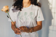 Load image into Gallery viewer, Trio of big roses with doodle bee sleeve embroidered organic t-shirt.