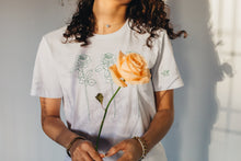 Load image into Gallery viewer, Trio of big roses with doodle bee sleeve embroidered organic t-shirt.