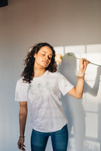 Load image into Gallery viewer, Trio of big roses with doodle bee sleeve embroidered organic t-shirt.
