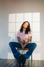 Load image into Gallery viewer, Trio of small roses with doodle heart sleeve embroidered organic t-shirt.