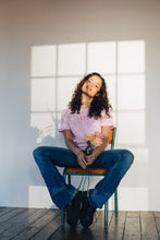 Load image into Gallery viewer, Trio of small roses with doodle heart sleeve embroidered organic t-shirt.