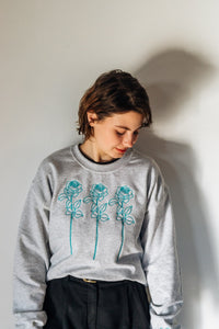 Embroidered trio of big roses with embroidered sleeve and back sweater