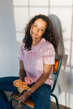 Load image into Gallery viewer, Trio of small roses with doodle heart sleeve embroidered organic t-shirt.