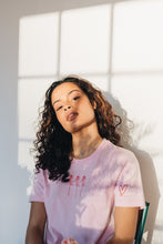 Load image into Gallery viewer, Trio of small roses with doodle heart sleeve embroidered organic t-shirt.