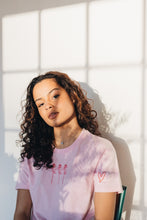 Load image into Gallery viewer, Trio of small roses with doodle heart sleeve embroidered organic t-shirt.