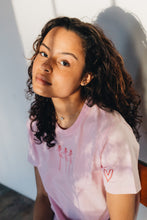 Load image into Gallery viewer, Trio of small roses with doodle heart sleeve embroidered organic t-shirt.