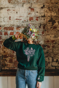 Embroidered big bunch of flowers embroidered on front with mini bunch on sleeve sweater