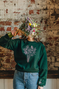 Embroidered big bunch of flowers embroidered on front with mini bunch on sleeve sweater