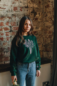 Embroidered big bunch of flowers embroidered on front with mini bunch on sleeve sweater