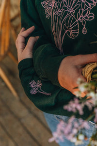 Embroidered big bunch of flowers embroidered on front with mini bunch on sleeve sweater