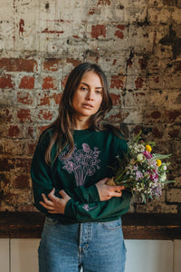 Embroidered big bunch of flowers embroidered on front with mini bunch on sleeve sweater