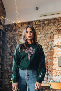 Embroidered big bunch of flowers embroidered on front with mini bunch on sleeve sweater