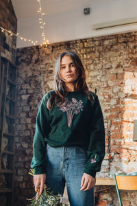 Embroidered big bunch of flowers embroidered on front with mini bunch on sleeve sweater