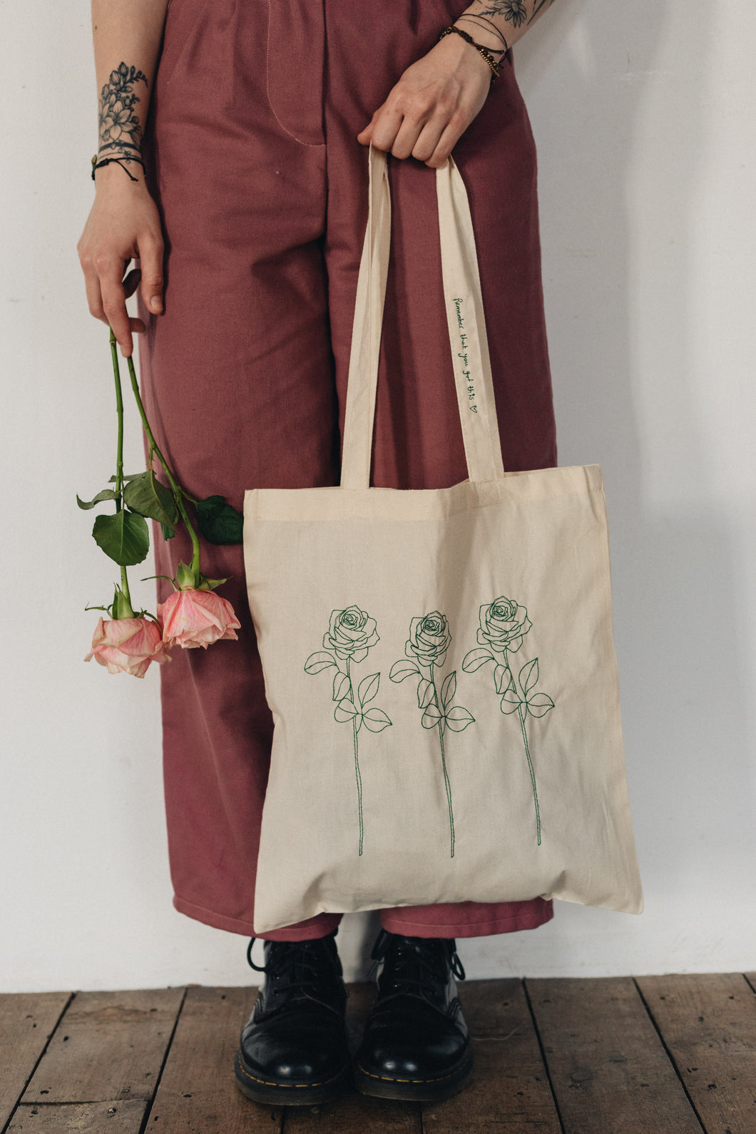 Trio of big roses with you got this strap embroidered tote bag