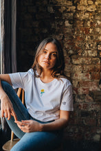 Load image into Gallery viewer, Sunflower and embroidered bee sleeve embroidered t-shirt