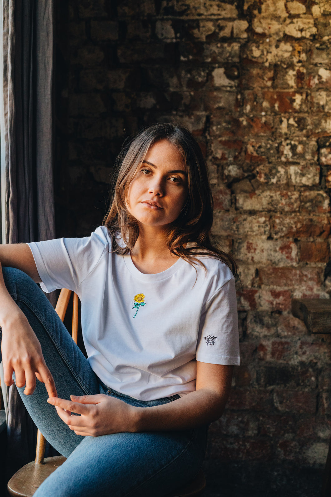 Sunflower and embroidered bee sleeve embroidered t-shirt