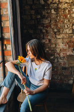 Load image into Gallery viewer, Sunflower and embroidered bee sleeve embroidered t-shirt