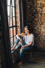 Load image into Gallery viewer, Sunflower and embroidered bee sleeve embroidered t-shirt