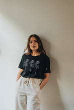 Load image into Gallery viewer, Trio of big roses with doodle bee sleeve embroidered organic t-shirt.