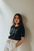 Load image into Gallery viewer, Trio of big roses with doodle bee sleeve embroidered organic t-shirt.