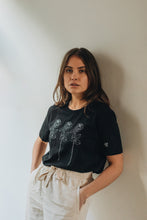 Load image into Gallery viewer, Trio of big roses with doodle bee sleeve embroidered organic t-shirt.