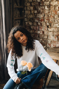 embroidered trio of moths embroidered sleeve sweater