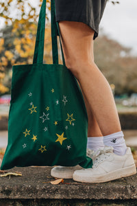 Metallic lots of stars embroidered tote bag