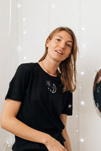 Load image into Gallery viewer, Moon embroidered t-shirt with star sleeve detail