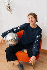 Star & moon embroidered printed sleeve sweater