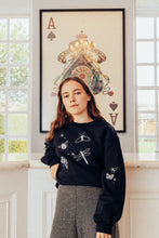 Load image into Gallery viewer, festive bugs embroidered sweater with bug star sleeve detail