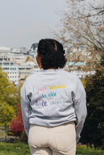 Load image into Gallery viewer, Embroidered I just wanna make nice things back sweater with doodle bee sleeve