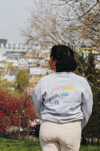 Embroidered I just wanna make nice things back sweater with doodle bee sleeve