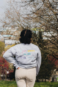Embroidered I just wanna make nice things back sweater with doodle bee sleeve