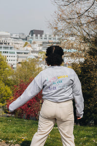 Embroidered I just wanna make nice things back sweater with doodle bee sleeve