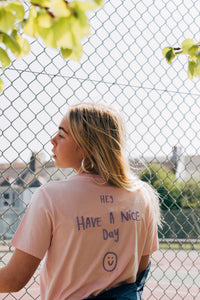 Hey have a nice day embroidered back with doodle bee on front sleeve t-shirt