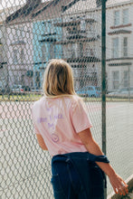 Load image into Gallery viewer, Hey have a nice day embroidered back with doodle bee on front sleeve t-shirt