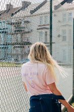 Load image into Gallery viewer, Hey have a nice day embroidered back with doodle bee on front sleeve t-shirt