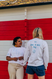 Embroidered hey have a nice day back sweater with today will be a good day reminder sleeve