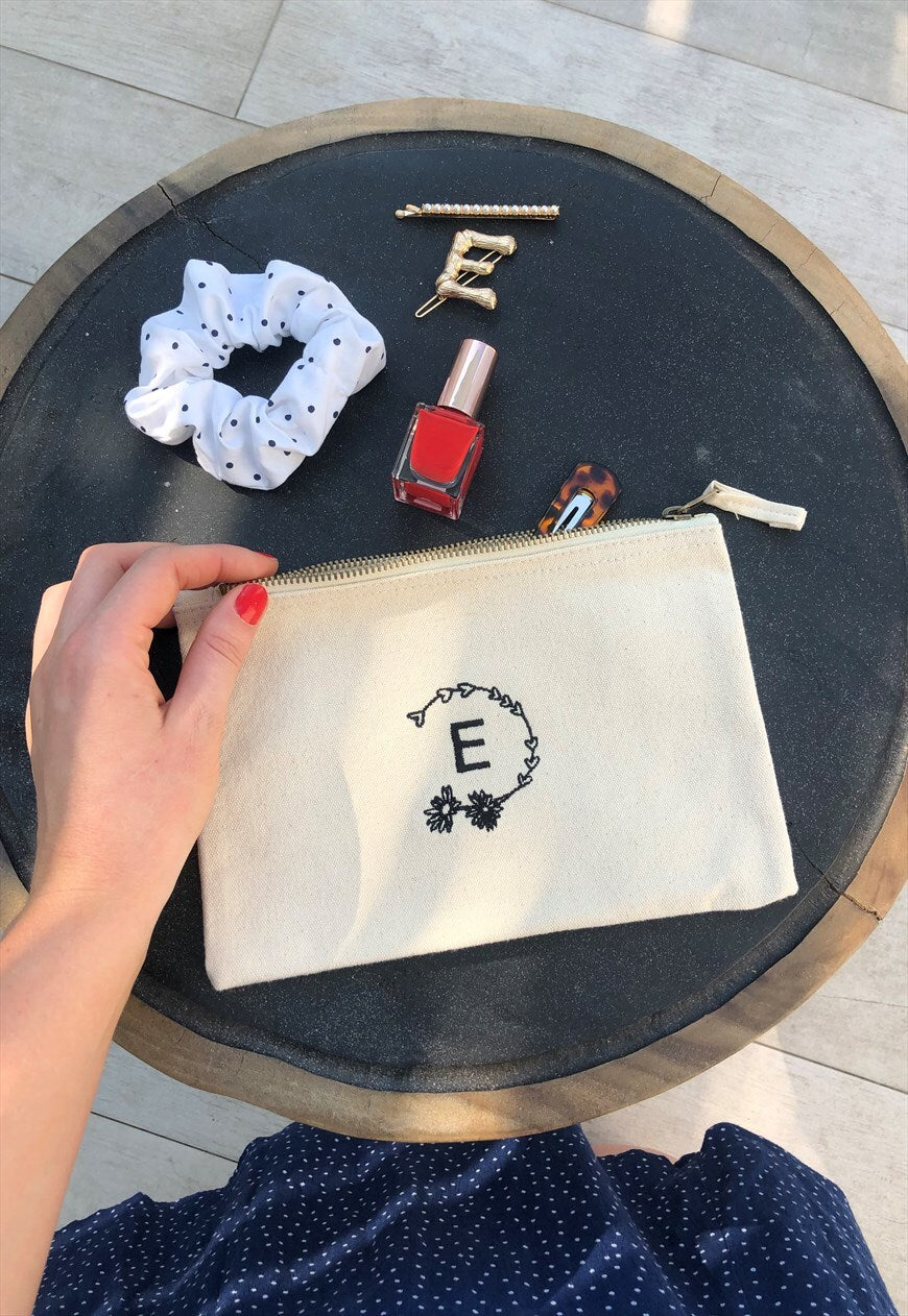 make up bag in natural with personalised embroidery