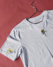 Load image into Gallery viewer, Sunflower and sun sleeve embroidered organic t-shirt