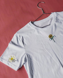 Sunflower and sun sleeve embroidered organic t-shirt